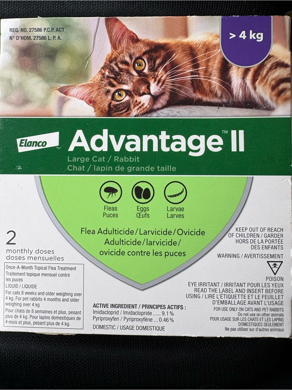 Advantage II Large Cat/Rabbit (4kg/8.8lbs and up)-2 doses (Unopened box)